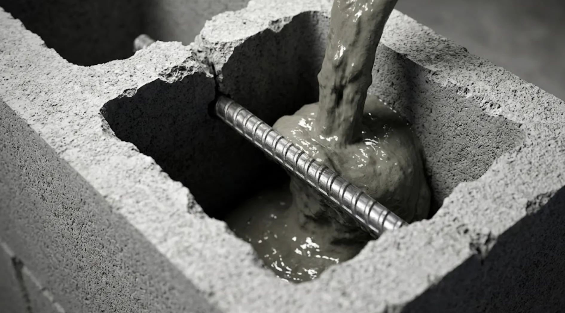 Illustration technique macro : sommet cassé d'un parpaing creux avec une tige de fer à béton insérée verticalement dans l'alvéole en cours de remplissage